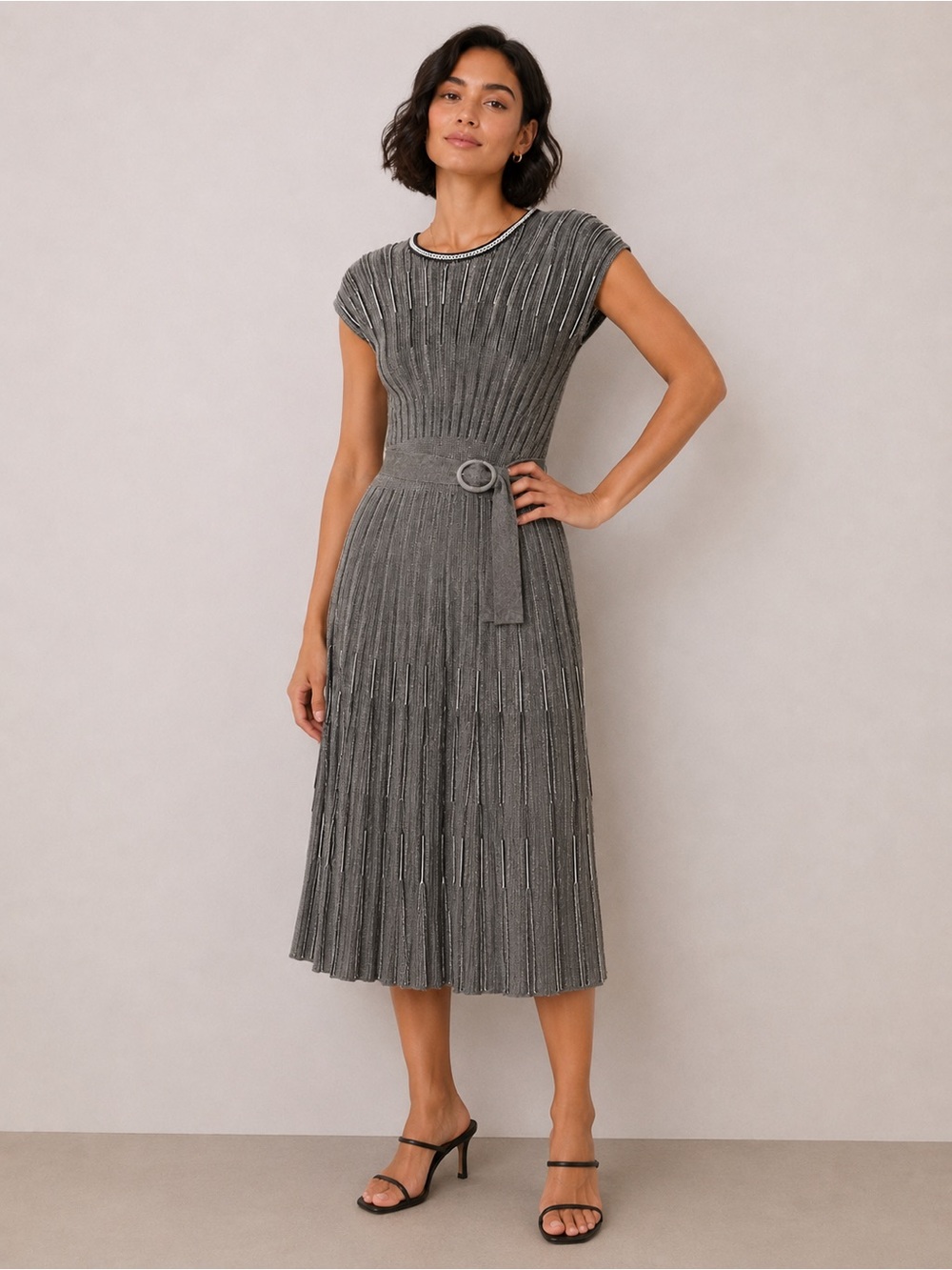 French Connection Metallic Gray Ribbed Midi Dress